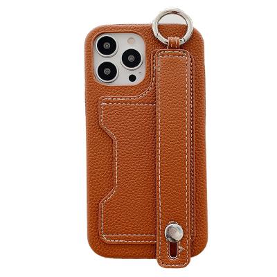 China New Business Style Lychee Pattern Business Phone Card Holde Leather Card Case Bag Shockproof Wristband For iphone 13romax 13 12 11 for sale