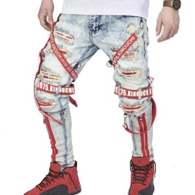 China Amazon Breathable Street Factory Fashionable Red Blue Jeans 2021 New With Zipper Ripped Slim Fit Washed Denim Mens Jeans for sale