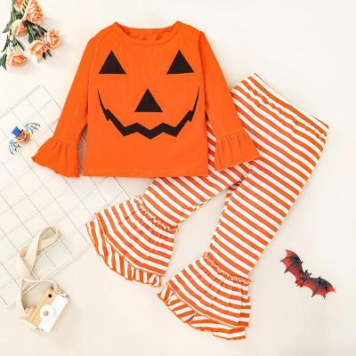 China Wholesales Girls Toddlers Baby Casual Clothing Pumpkin Applique 2pc Set Halloween 2pc Set for sale