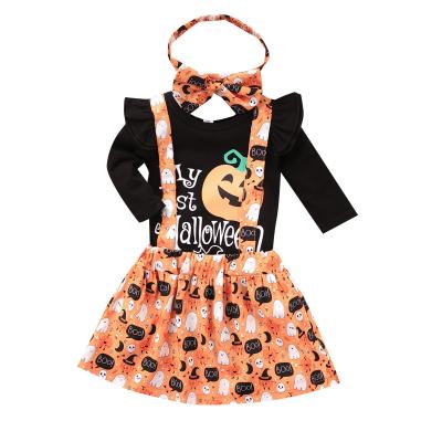 China 2021 Children Girl's Halloween Face Print Long Sleeve Smile Three-Piece Set Washable/Breathable Clothing New Fashion Costume Dress Strap Skirt for sale