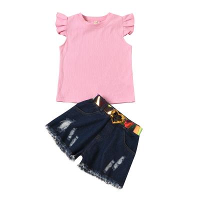 China Girls casual pink clothes kids clothes pink T-shirt hole shorts outfit set chidlren sequin dneim shorts outfit for sale