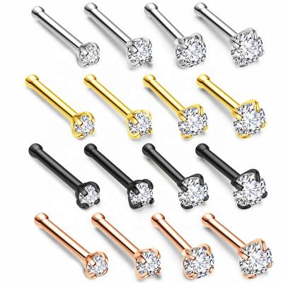 China Hot Sale Punk Straight Bar Nose Pins With Zircon Crystal Nose Ring Body Piercing Jewelry for sale