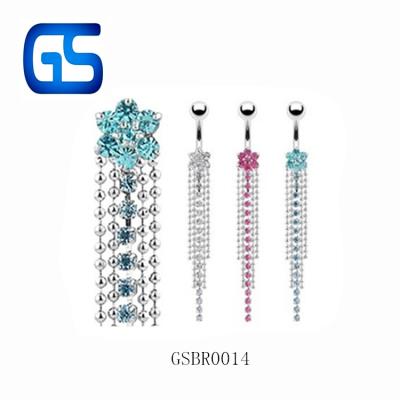 China Stainless Steel Punk Chain With Crystal Flower Shape Tassels Belly Rings Body Piercing Jewelry for sale