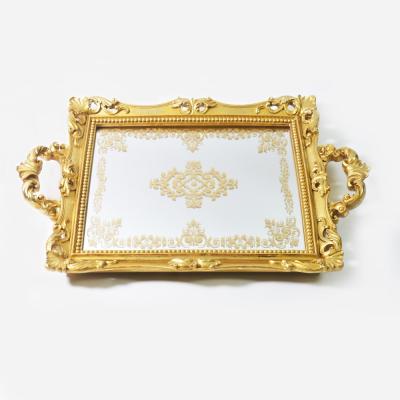 China Home Decor Metal Allah Decor Home Tray Serving Polyresin Resin Gold Rope Handle Wedding Mirror Baroque Mirror Frame for sale