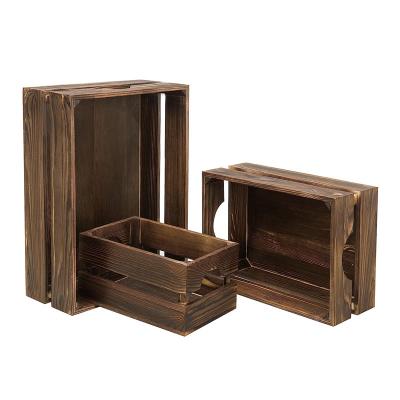 China Nautical Rustic Dark Brown Solid Wood Storage Box Organizer with Handle, 3 Piece Various Size Decorative Nesting Crate for sale