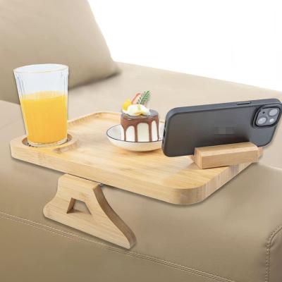 China Sustainable 360 ​​Rotating Adjustable Clip On Wooden Bamboo Eating And Beverage Sofa Arm Tray Portable Stable Couch Table for sale