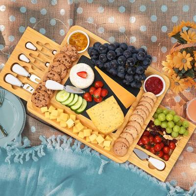 China Sustainable Custom Premium Personalized Round Bamboo Wood Square Acacia Slate Rotary Cheese Cutting Board With Knife Set for sale