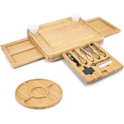 China Wooden Tray 3 Charcuterie Christmas Cheese Dish Platter Sustainable Board 4 Slide Out Drawers Bamboo Cheese Panel With Knife Set for sale