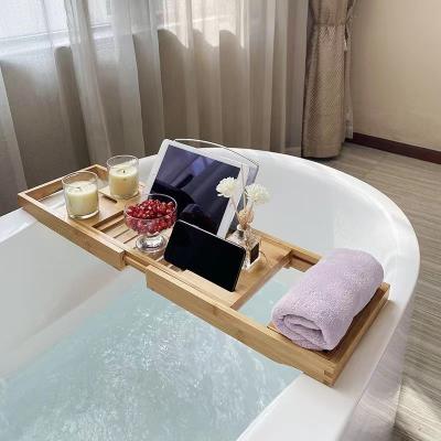 China Wholesale Sustainable Luxury Bathtub Trolley Adjustable Expanding Bamboo Tablet Book Reading Rack Dish Bath Tray Natural Wood for sale