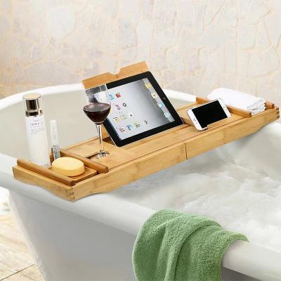 China Hot Selling Luxury Wooden Bathtub Caddy Bamboo Bath Tub Tray Sustainable With Expanding Sides Shower Organizer for sale