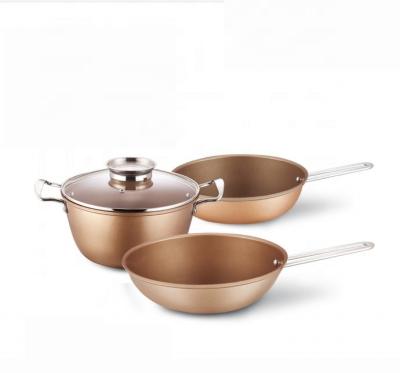 China China viable manufacturer 4 pcs high quality carbon steel cooking sets with lid glass gold color non-stick cookware sets for sale