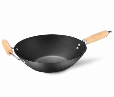 China 35cm Handle Stir-fry Wok Chinese Style Carbon Steel Non-Stick Wok Durable Coating Wooden Stir-Fry Wok for sale