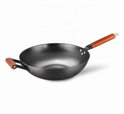 China Sustainable Chinese traditional wok cast iron cookware with black wood metal beech handle eco-friendly material cookware sets non-stick for sale