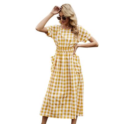 China Factory Direct Sale Anti-Static Back Cavity Short Sleeve A Line Midi Summer Dress Women Clothing Plaid Dress for sale