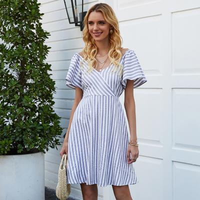 China Free Sample Women Casual Dress Summer Stripe V-Neck Anti-Static Hollow Lace Up Midi Short Sleeve Dress for sale