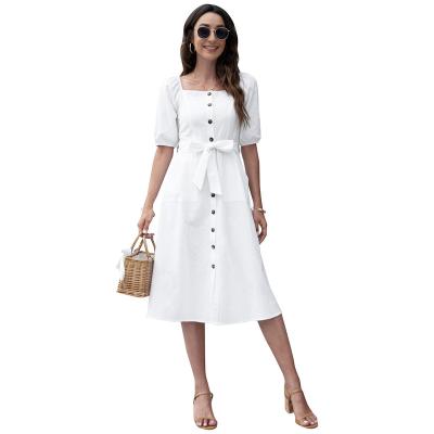 China Squair Anti-Static Collar Plain Summer Casual Dress Women Blue Midi Short Sleeve Dress Supplier From China for sale