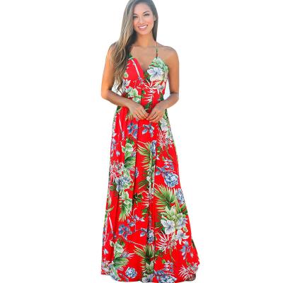 China Anti-Static Floral Printing Dress Lady's Floor Length V-Neck Halter Slip Summer Floral Print Bohemian Sexy Dresses for sale