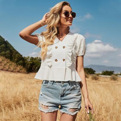 China Anti-pilling Hot Selling Casual Loose White Women Blouse V-Neck Pleated Short Sleeve Blouse Tops Women Clothing for sale