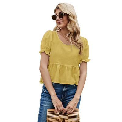 China New Arrival Anti-pilling Women's Yellow Bandage O Neck Short Sleeve Lace Up Loose Blouse For Sale for sale