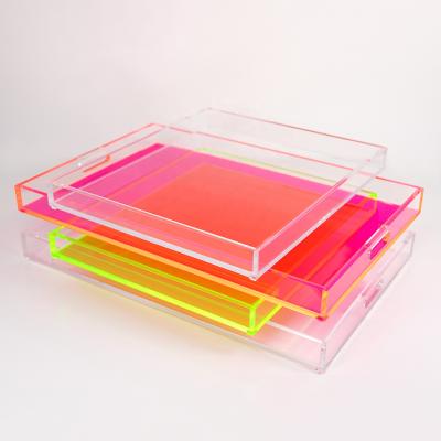 China Handmade Wholesale Fancy Lucite Acrylic Rectangle Serving Tray Handles Decorative for sale