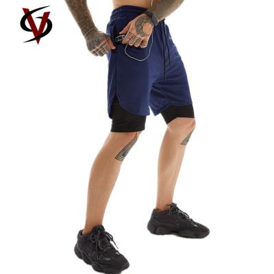 China RTS Sport Gym Fitness Quick Dry Navy Short Custom Two Piece in One Men's Shorts with Pocket for Mobile Phone for sale