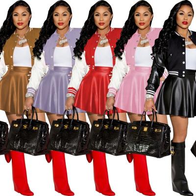 China Breathable Casual Tennis Skirt Women Two Piece Set Ladies Teams Patchwork Plus Size Baseball Jackets PU Leather Skirt Set for sale