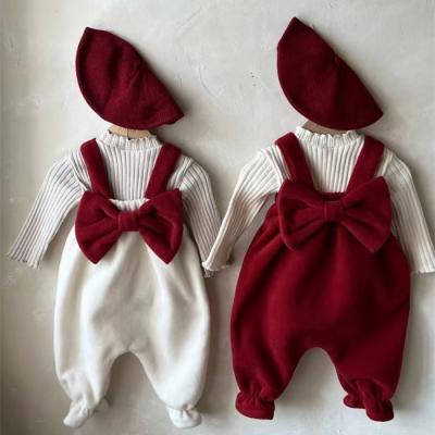 China Color Fade Proof 2023 Wholesale Custom Logo Oem Christmas Style Velvet Jumpsuit Winter Clothes Baby Bubble Romper Kids Baby Overall for sale