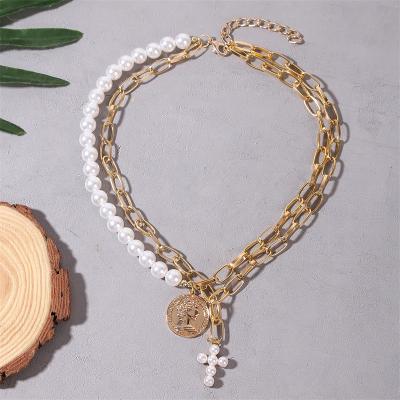 China Europe and America fashion jewelry gold plated multilayer baroque pearl cross necklace for women for sale