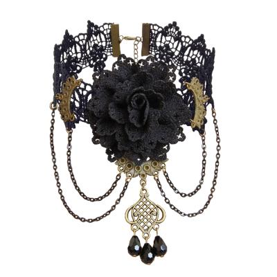 China Fashion Vintage Jewelry Women Lace Choker Accessories Black Choker Fake Flower Necklace Statement Necklaces Gothic Necklace Pendant for sale