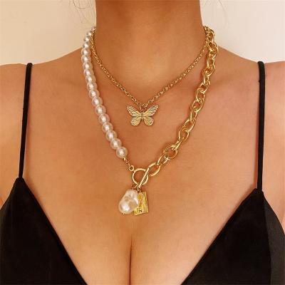 China Fashion Trendy Women Pearl Butterfly Jewelry Multilayer Necklace for sale