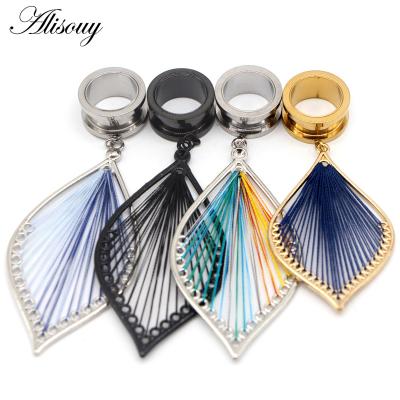 China TRENDY Alisouy 2PC Ear Plugs Tunnel Gauges weave Leaves Dangle Ear Stretcher Stainless Steel Body Piercing Jewelry Screw ear Expander for sale