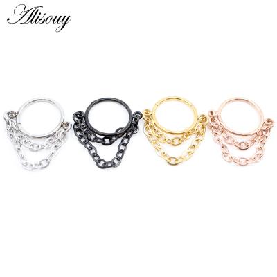 China TRENDY Alisouy 1PC Stainless Steel Tassel Chain Clicker Nose Septum Ring Segment Daith Helix Hoop Nostril Earring Body Piercing Jewelry for sale