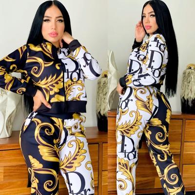 China 2021 QUICK DRY European and American hot sale women's fashion digital printed two-piece long sleeve shirt pants women's suit for sale