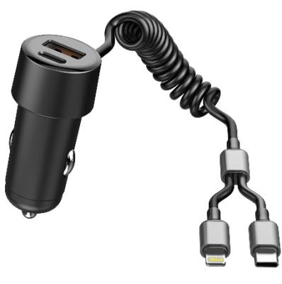 China 2025 LX Brand Dual Ports 1 USB A 2 USB C met Spring Wire USB C en Lighting kabel Fast Charge Car Charger Te koop