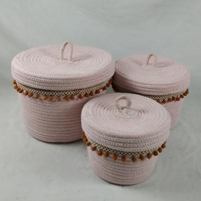 China Sustainable 3 Cotton Rope Storage Basket Fringe Decoration Set With Lid for sale