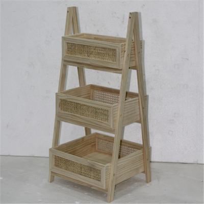 China 3 Tier Brown Ladder Stocked Shelf With Natural Rattan Basket Set for sale