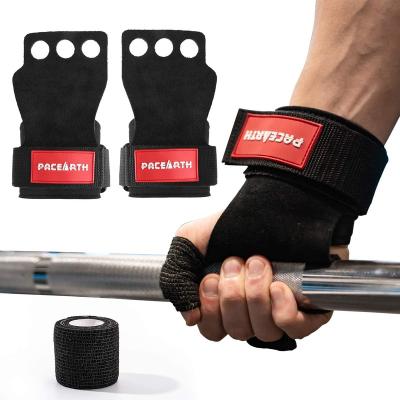 China Larger Palm Cover 3 Hole Gym Leather Hand Grips With Weightlifting Hook Grip Band Palm Protection And Wrist Support for sale