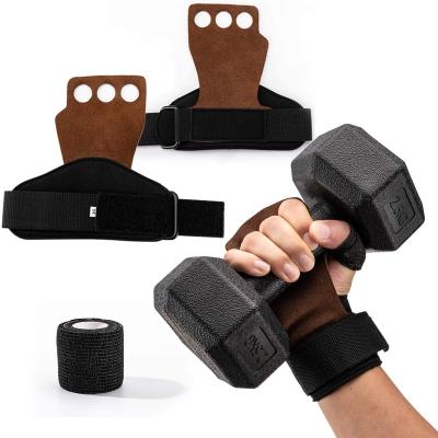 China Neoprene 3 Hole Leather Hand Grips For Gym Rings Palm Fingers Gloves With Grip Band Wrist Wraps for sale