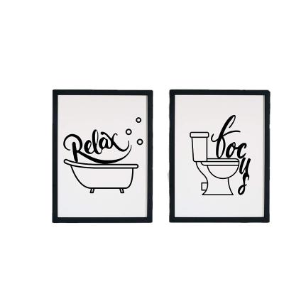 China Black and white minimalist line 12 inch large pot bathroom abstract decorative wall painting canvas waterproof modern style frame art painting for sale