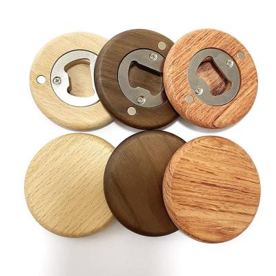 China Customized Viable Three Colors Magnetic Round Logo Wooden Bottle Opener for sale