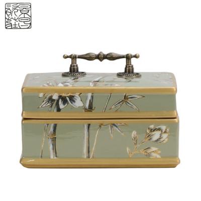 China Low Price Traditional Chinese Square Jewelry Container Decorative Porcelain Flower Pattern Green Ceramic Box for sale