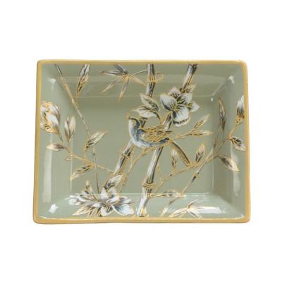 China Hot Products Stocked Chinese Traditional Green Bird And Flower Pattern Dish Ceramic Antique Decorative Porcelain for sale