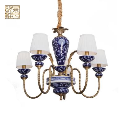 China Modern Post Luxury Ceramic Pendant Light Blue And White Chandelier For Living Room for sale