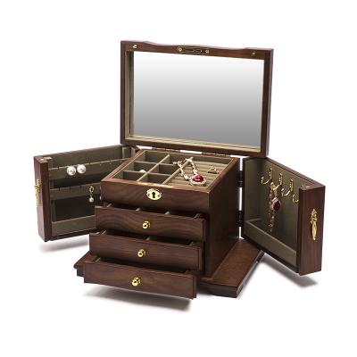 China Large Luxury Wooden Jewelry Box Eco-Friendly Women With Lock Mirror Box Stand Ring Necklace Desktop Jewelry Cabinet Vintage Gift for sale