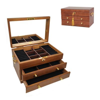 China Eco-Friendly Vintage 3 Layers Wooden Jewelry Box With Mirror For Rings Earrings Necklaces Bracelets Watch Gifts Organizer Storage Cabinet for sale