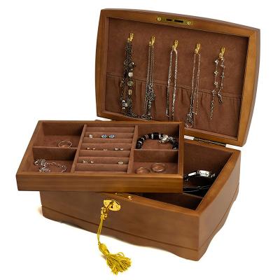 China Eco-Friendly Antique Organizer Women's Box Large Capacity Wooden Jewelry Box With Key Lock Ring Compartments Built In Necklace Hook for sale