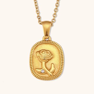 China Delicacy Engraved 18k Stainless Steel Jewelry Waterproof Personalized Rose Pendant Necklace Gold Plated Jewelry for sale