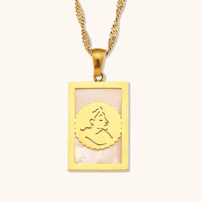 China Waterproof Women Jewelry Set Gold Plated Square Engraved Shell Tarot Necklace Stainless Steel Engraved Necklace for sale