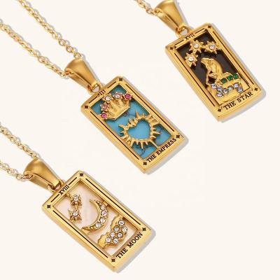 China Tarot Card High Fashion Enamel Zircon Tarot Card Necklace Stainless Steel Colorful 18K Gold Plated Jewelry for sale