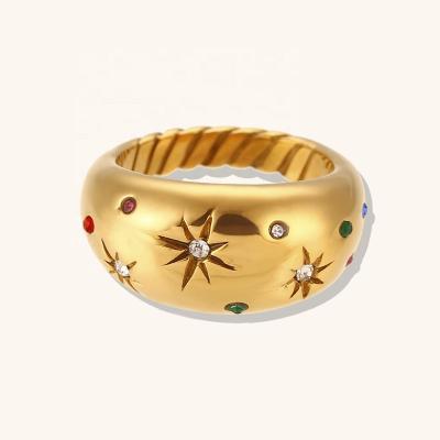 China Hot Selling Waterproof Chunky Colorful Zircon Rings 18k Gold Plated Stainless Steel Non Tarnish Jewelry for sale